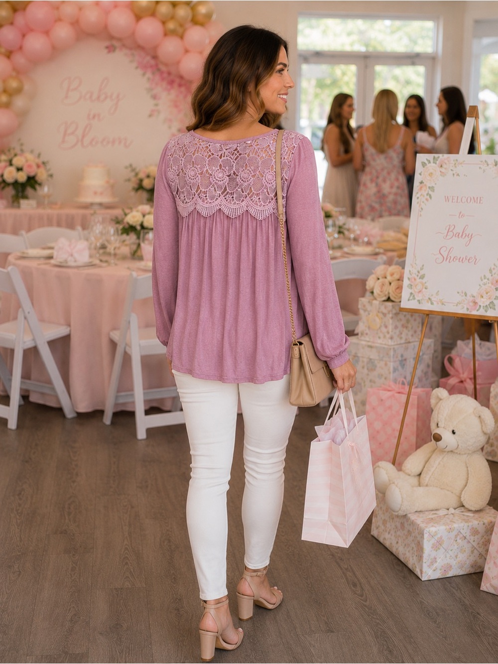 easel Lace Yoke Long-Sleeve Tunic in Mauve - Picture 2 of 6